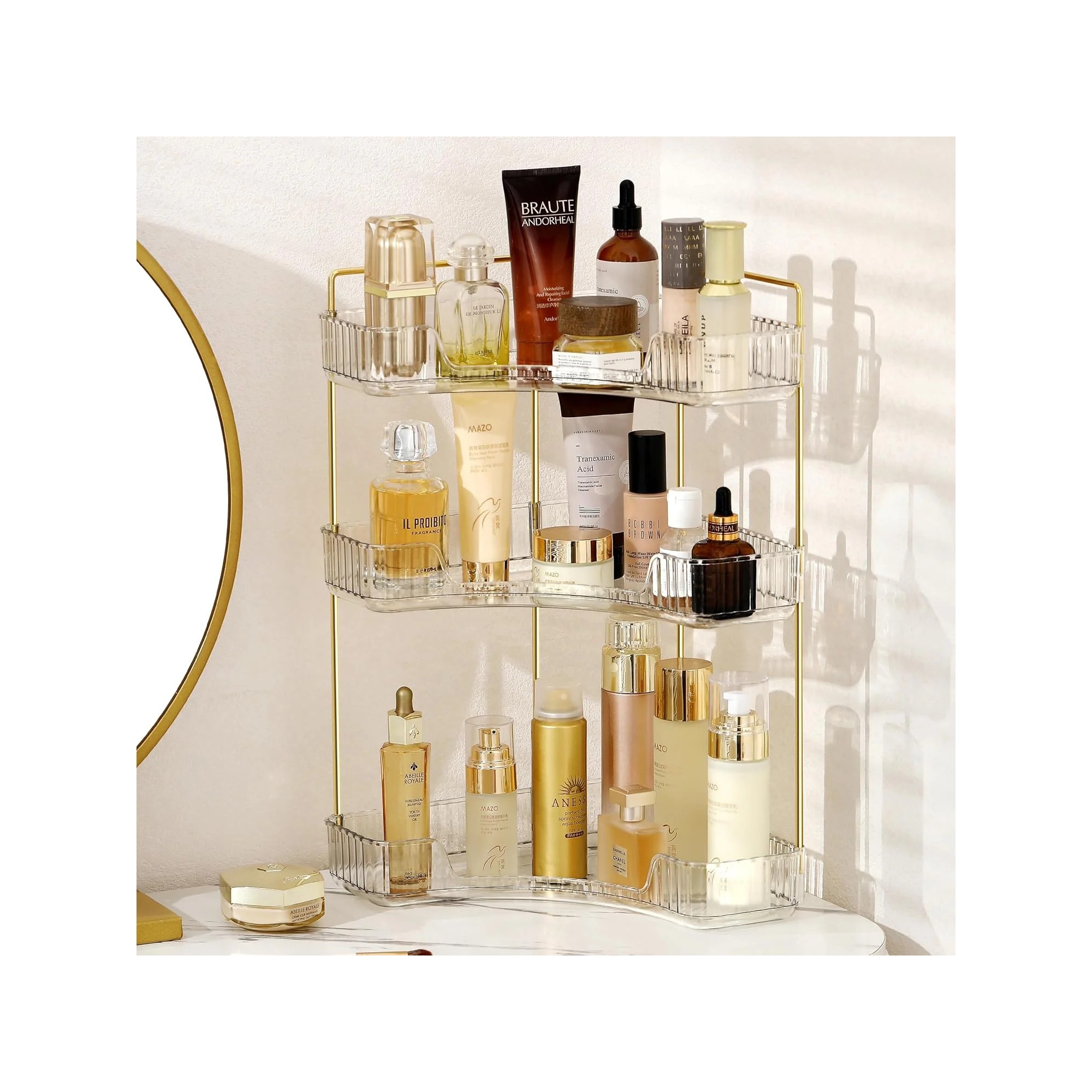 Corner Bathroom Counter Organizer – 3-Tier Clear Bathroom Countertop Shelf for Vanity, Makeup Storage
