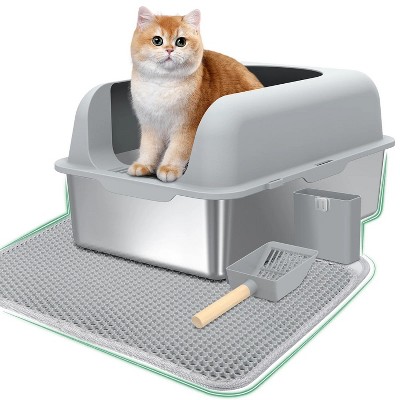 LunaLulinlk Stainless steel cat litter tray with lid and high sides, suitable for multiple cats.