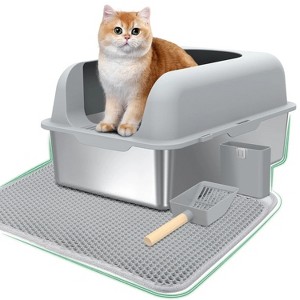 LunaLulinlk Stainless steel cat litter tray with lid and high sides, suitable for multiple cats. - 1 of 4