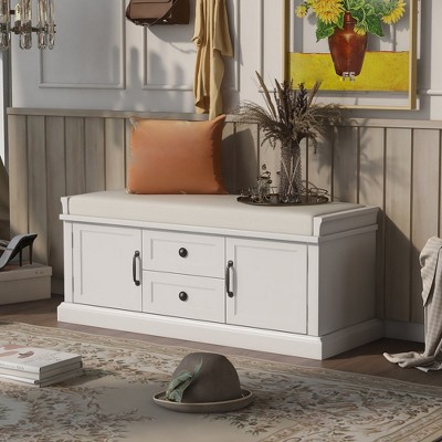 Wooden Storage Bench, Entryway Storage Bench with Drawers & Cabinets,Foyer Shoe Bench with Removable Cushion for Entryway Bedroom Living Room