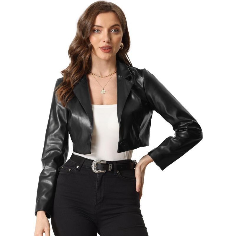 Allegra K Women's Faux Leather One Button Lapel Collar Cropped Moto PU Jackets, 1 of 7