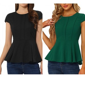 INSPIRE CHIC Women's Elegant Round Neck Cap Sleeve Solid Color Peplum Blouses 2 Packs - 1 of 4