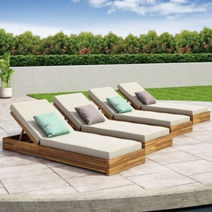 Christopher Knight Home Ian Acacia Wood Armless Adjustable Chaise Lounge with 4" Thick Cushion - 1 of 4