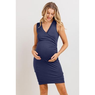 Hello Miz Maternity Sleeveless V Neck Wrap Fitted Nursing Dress - Navy