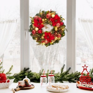 24 Inch Large Outdoor Xmas Wreath with Lights, Lighted Holiday Wreath with Flowers Ball Ornaments for Fireplace Window, Battery Operated - 1 of 4
