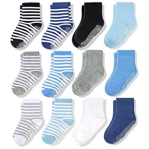 CozyWay Non-Slip Crew Grip Boys Socks, 12 Pack for Boys, Black/White/Gray/Blue/Light Blue/Aqua & Stripes, 7-9 Years Old - 1 of 4
