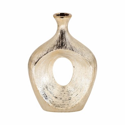 Sagebrook Home 13" Ceramic Oval Vase - Contemporary Glam Abstract Cut-Out Vase in Scratched Gold - Creative Home or Office Decorative Table Accent