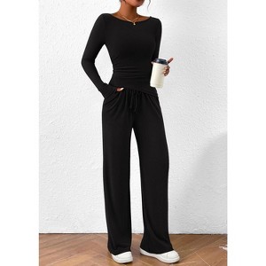 Women's 2 Piece Lounge Sets Asymmetrical Long Sleeve T Shirt Wide Leg Pants Casual Outfits Tracksui - 1 of 4