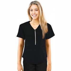 JEFFRICO Scrubs For Women Short Sleeve Zipper Front V-Neck Top 2 Pockets Black, S - 1 of 4