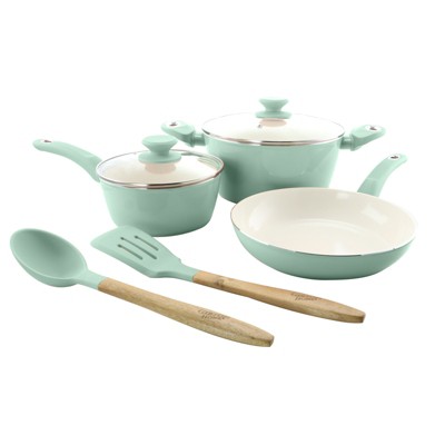 Sky Blue Aluminum Nonstick 7-Piece Cookware Set with Wooden Handles