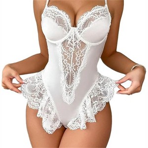Clotth Women's Lace Panel Teddy Lingerie- Mesh and Lace Lingerie Bodysuit, Strappy Backless Teddy with Hook Closure, White - 1 of 4