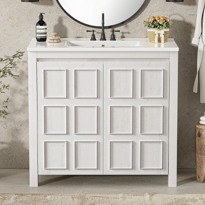 36" Vintage Bathroom Vanity with Ceramic Sink,Adjustable Shelf and Soft Close Doors for Small Bathrooms-The Pop Home