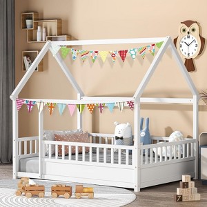 Zevemomo Full House Floor Bed Frame With Roof, Full Size Toddler Montessori Bed With Heighten Fence, for Kids, Boys and Girls, Easy Assembly, White - 1 of 4