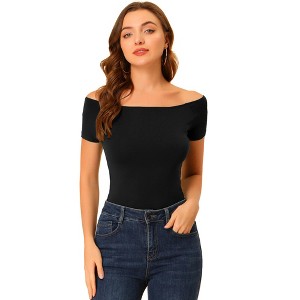 INSPIRE CHIC Women's Short Sleeves Off The Shoulder Stretchy Fabric Solid Crop Top - 1 of 4