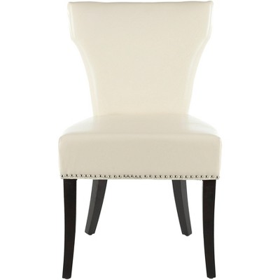 Transitional Flat Cream Leather Parsons Side Chair with Wood Accents