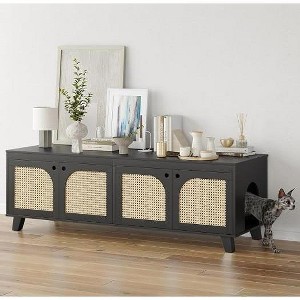 Gulches Double Cat Litter Box Enclosure Rattan Decor Doors, 2 Entrances, Hidden Furniture Cabinet for Two Cats, Pet Washroom - 1 of 1