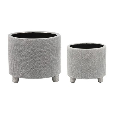 Sagebrook Home 2pc Footed Scratched Ceramic Planter Pots: Rust-Resistant, No Drainage Hole, Hand-Painted