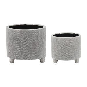 Sagebrook Home 2pc Footed Scratched Ceramic Planter Pots: Rust-Resistant, No Drainage Hole, Hand-Painted - 1 of 4