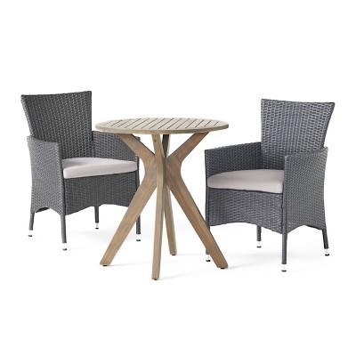 Jillian 3pc Acacia Wood & Wicker Bistro Set - Gray/Gray/Silver - Christopher Knight Home