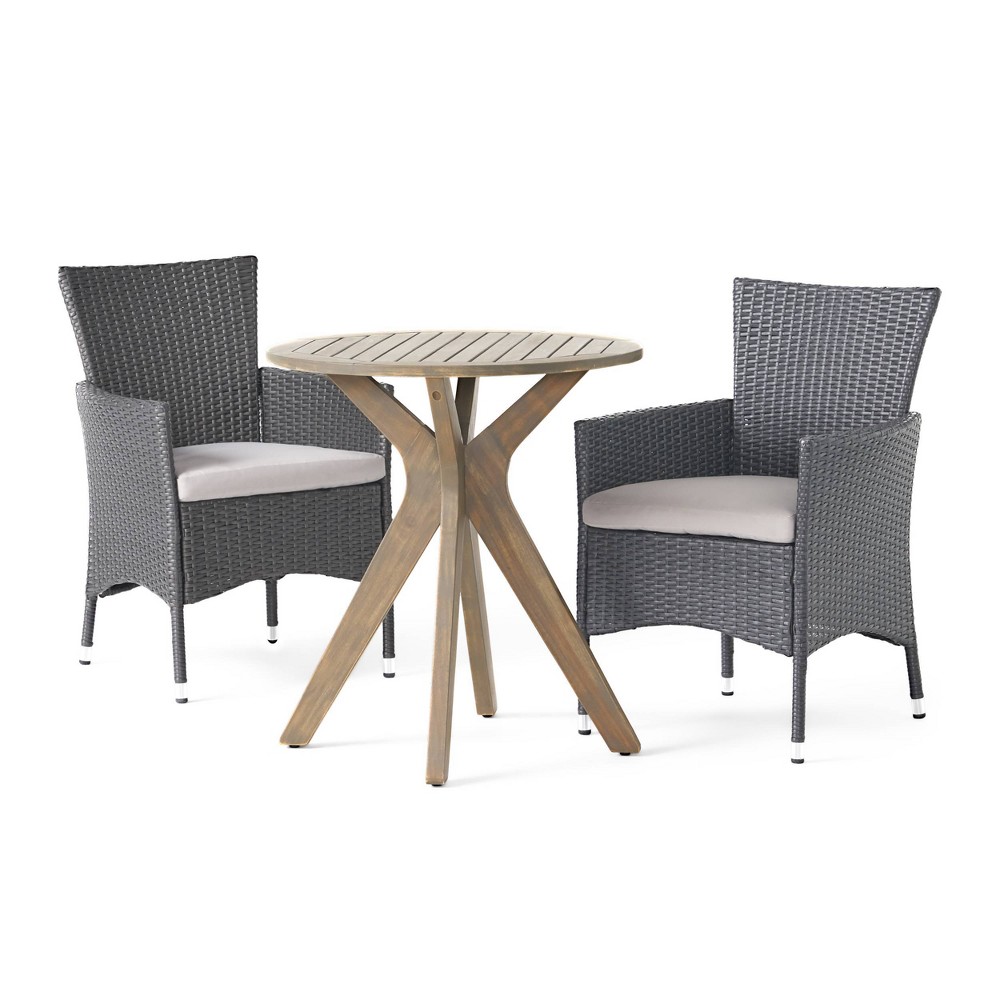 Photos - Dining Table Jillian 3pc Acacia Wood & Wicker Bistro Set: Cushioned Chairs, Circular Ta