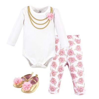 Image of Little Treasure Baby Girl Cotton Bodysuit, Pant and Shoe 3pc Set, Gold Roses, 0-3 Months