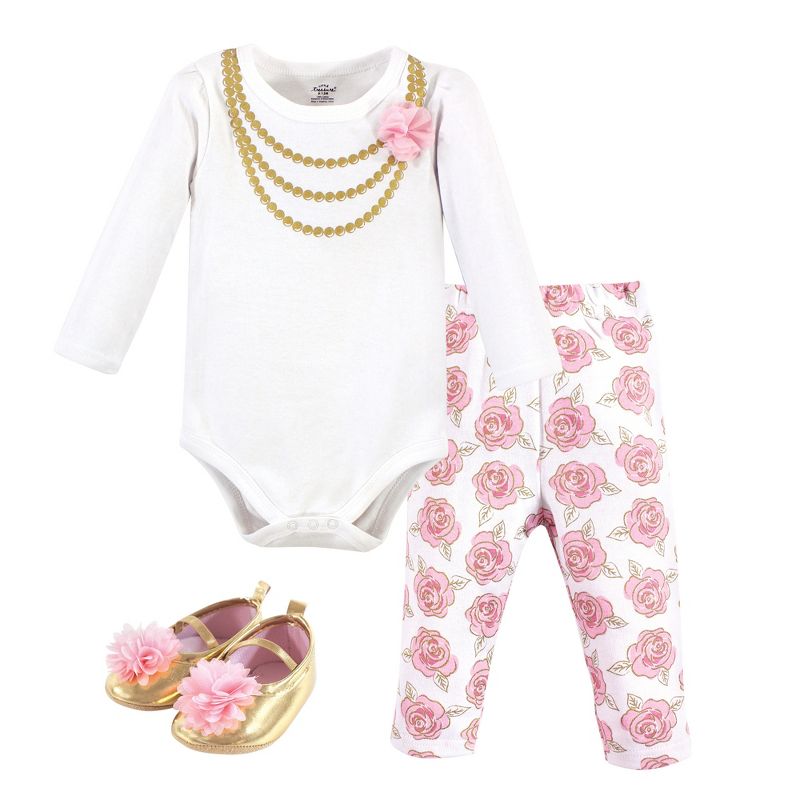 Little Treasure Baby Girl Cotton Bodysuit, Pant and Shoe 3pc Set, Gold Roses, 1 of 2