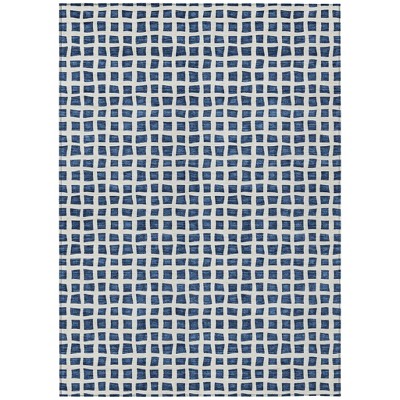 Navy Blue And Ivory Geometric Washable Indoor Outdoor Area Rug