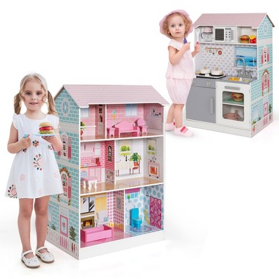 Costway 2-In-1 Double Sided Kids Toy Tools Kitchen Playset & Dollhouse W/  Accessories & Furnitureepetice 13160円