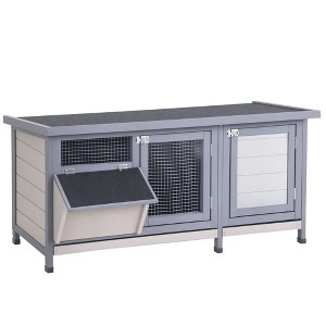 SKYONE Gray Wooden Rabbit Hutch with Asphalt Roof, 2-Room Design, Slide-Out Trays, Feeding Trough - 1 of 4