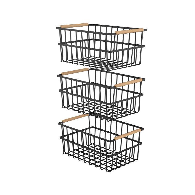 Oceanstar Metal Wire Organizer Bin Basket with Handles, Set of 3, Black, 1 of 6