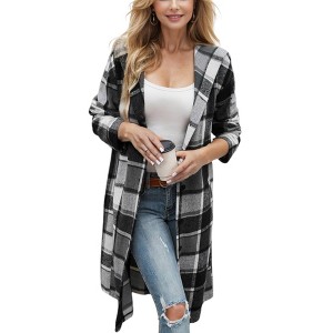 Amaryllis Women's Button-Up Plaid Coat Long Sleeve Hooded Trench Casual Layering Piece Versatile Fall Outerwear - 1 of 4
