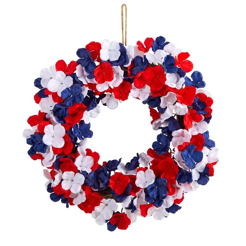 Nearly Natural 18” Americana Patriotic Hydrangea Artificial Wreath Red White and Blue, 1 of 4