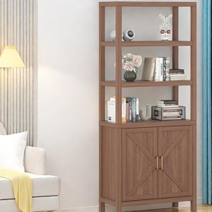 Mid-Century Oak Modern Bookcase with Door, Thicken Wood Bookshelves Display Cabinet, Freestanding Toy Storage Cabinet for Living Room - 1 of 4