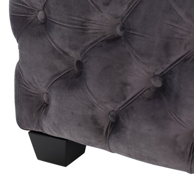 Gray Velvet Tufted Square Ottoman with Button-Tufted Diamond Stitching