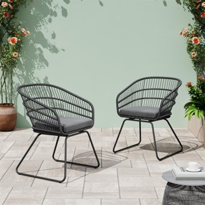 Rattan-Wrapped Patio Dining Chairs with Upholstered Cushions Arm Dining Chair with Metal Played Sled Legs-Tanpinhause - 1 of 4