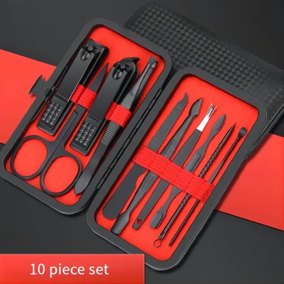 DOMETOUR 10-Piece Black Nail Clippers Kit with Travel Case ¨C Professional Cuticle Nippers & Clippers, Complete Grooming Set for Home & Travel
