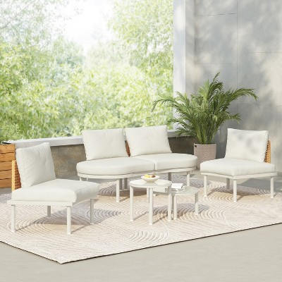 FIONECA 6-Piece Half Moon Outdoor Sectional Sofa Set with 2 Coffee Tables, PE Wicker Patio Furniture with Cushions & Pillows, Beige
