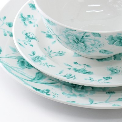 Teal Floral Porcelain 12-Piece Round Dinnerware Set