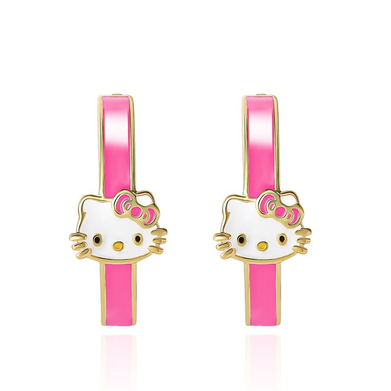 Sanrio Hello Kitty Brass Flash Yellow Gold Plated Enamel Post Hoop Earrings - Pink Enamel, 3 of 4
