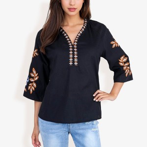 Anna-Kaci Women's Embroidered Tunic Top With 3/4 Sleeves And Floral Patterns- Small, Black - 1 of 4