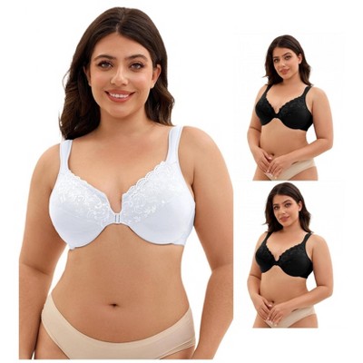 INSPIRE CHIC 3 Pcs Women's Front Closure Lace Trim Underwire Adjustable Straps Plunge Bras