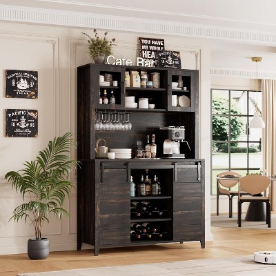 70'' Wine Coffee Bar Cabinet with Storage Hutch, Tall Kitchen Pantry Liquor Cabinet with Sliding Barn Doors for Home Dining Room