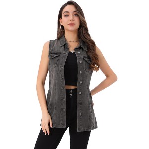 INSPIRE CHIC Women's Sleeveless Casual Button-Down Side Pockets Long Jean Vests - 1 of 4