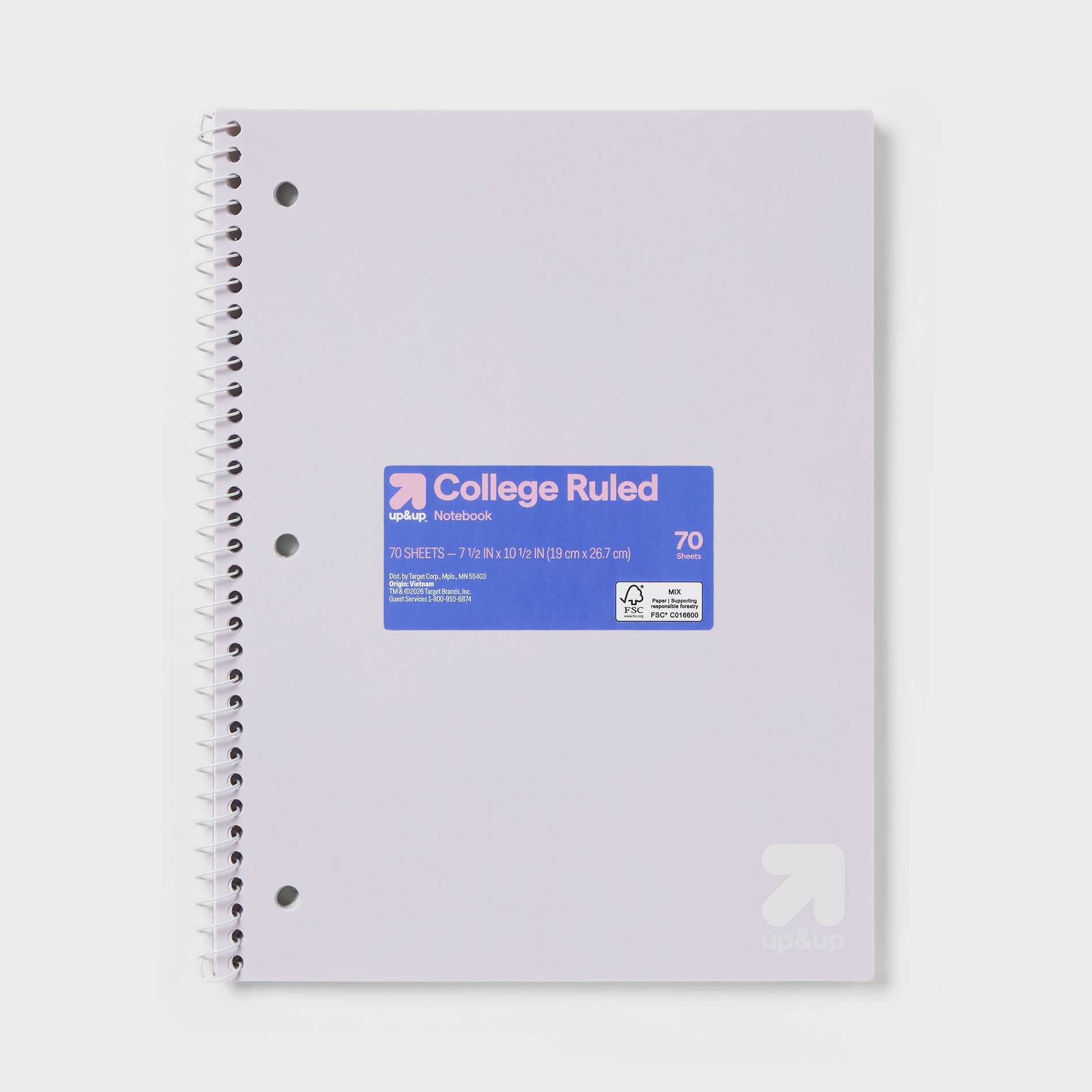 College Rule Spiral Notebook 7.5"x9.75" Poly Cover 70 Sheets Pastel Purple - up&up™