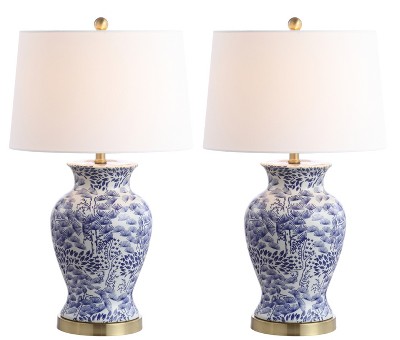 Alona Blue and White Ceramic Table Lamp Set with Brass Base