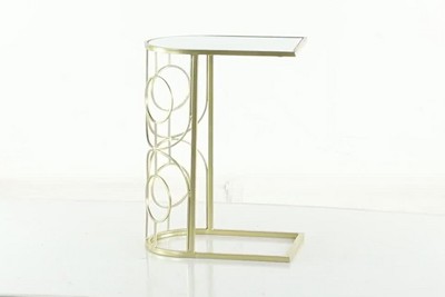 Gold Metal and Mirrored Glass C-Shaped Accent Table