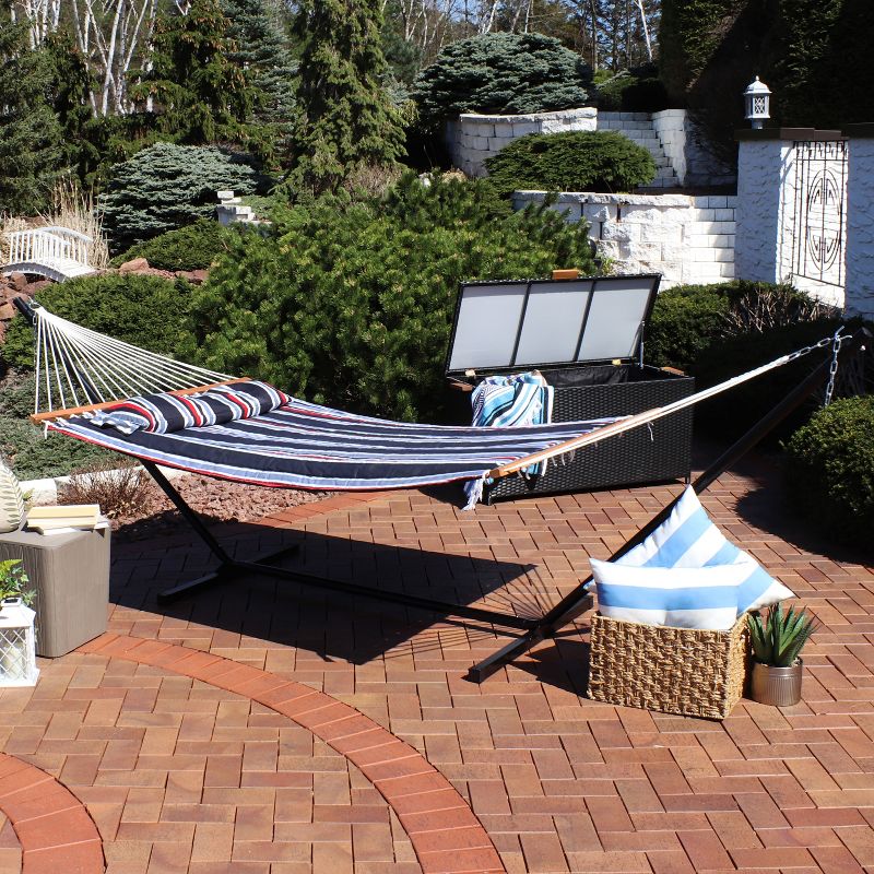 Sunnydaze Outdoor 2-Person Double Polyester Quilted Hammock with Wood Spreader Bar and 12ft Black Steel Stand, 6 of 20