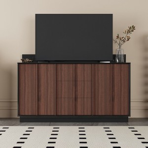 Famapy Multifunctional Storage Cabinet TV Stand with Sliding Outlets – Black Gloss & Wood Finish Entertainment Center - 1 of 4