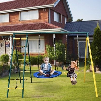 Steel Swing Set for Kids Outdoor Backyard Playground Swing Set with Ladder and Basketball Hoop Yellow+Green