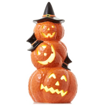 Casafield Ceramic Halloween Stacked Jack-o-Lanterns, Hand Painted 14-Inch Pre-Lit LED Carved Pumpkin Tabletop Decor